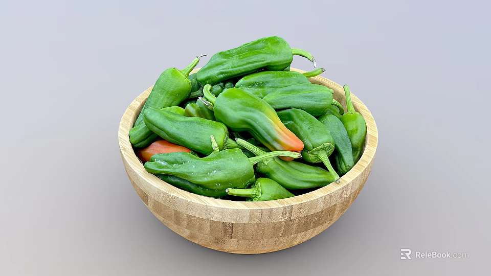 Fresh Green Peppers In Wooden Bowl With Ripe Orange Tipped Varieties 3d model 