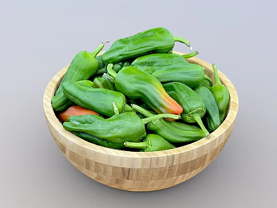 Fresh Green Peppers In Wooden Bowl With Ripe Orange Tipped Varieties 3d model