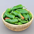 Fresh Green Peppers In Wooden Bowl With Ripe Orange Tipped Varieties