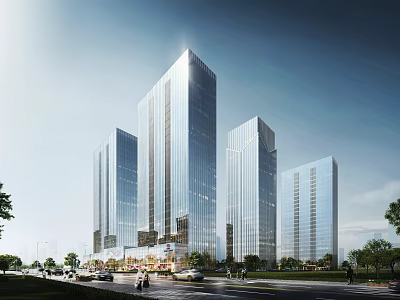 Modern Office Buildings With Glass Curtain Wall In Urban Street View With Cars And Trees 3d model