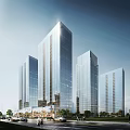 Modern Office Buildings With Glass Curtain Wall In Urban Street View With Cars And Trees