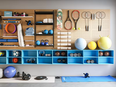 Organized Sports Equipment Display with Pegboard Wall Tennis Rackets Blue Shelves Dumbbells and Yoga Mat 3d model