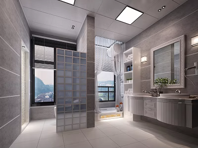 Spacious Modern Bathroom With Gray Tile Walls Double Sink Vanity Large Window And Glass Partition 3d model