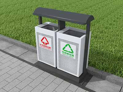 Roadside Covered Trash Bins With Recycling And General Waste Labels On Sidewalk Next To Grass 3d model