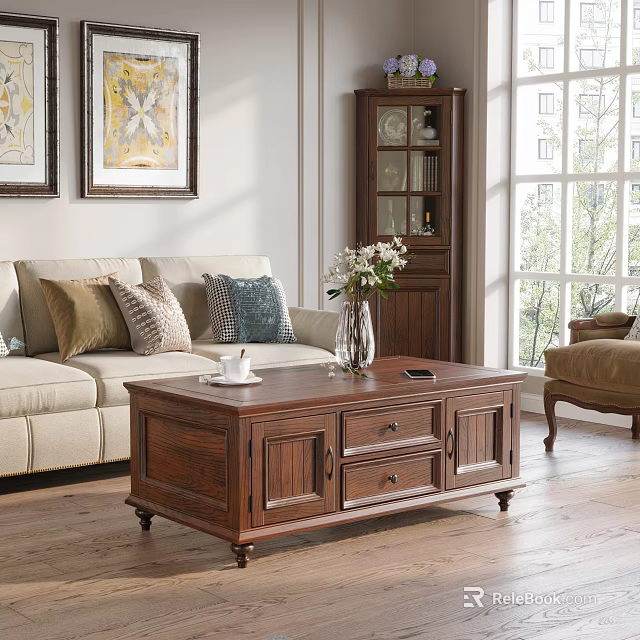 Classic Wooden Coffee Table With Drawers And Cabinet Doors In Living Room 3d model 