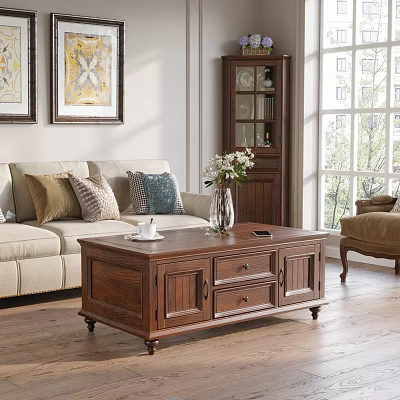 Classic Wooden Coffee Table With Drawers And Cabinet Doors In Living Room 3d model