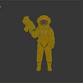 Astronaut In Orange Spacesuit Holding Futuristic Device On Gray Backdrop