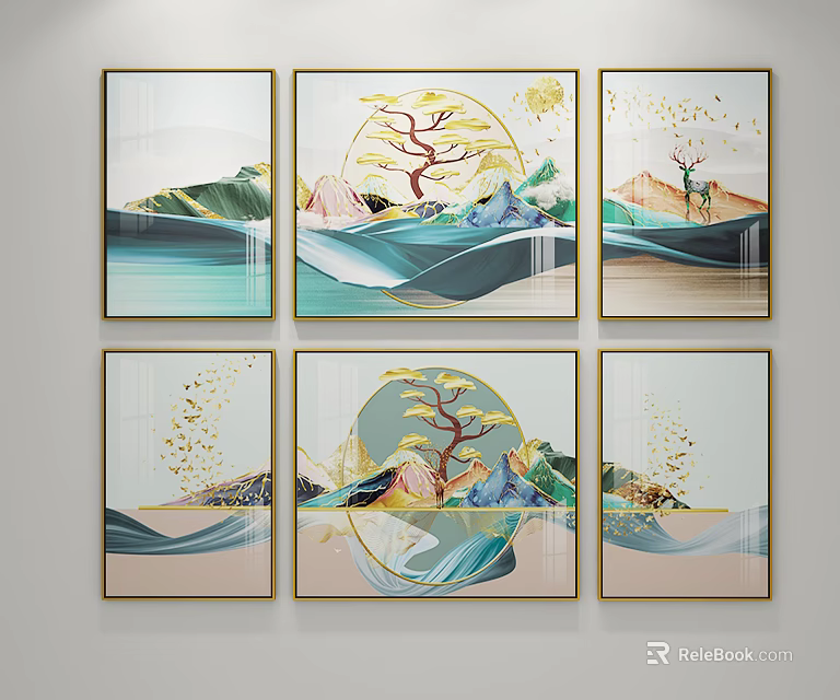 Chinese Style Decorative Wall Art With Mountain Pine Waves And Golden Circular Frames 3d model