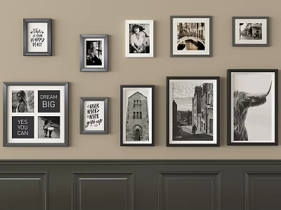 Various Photo Frames With Quotes Portraits Building And Animal Art On Wall 3d model