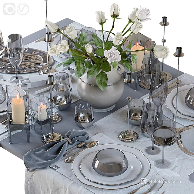 Elegant Dinnerware Set With White Flowers Vase Candles Glassware And Silver Cutlery 3d model 
