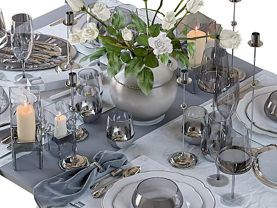 Elegant Dinnerware Set With White Flowers Vase Candles Glassware And Silver Cutlery 3d model