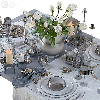 Elegant Dinnerware Set With White Flowers Vase Candles Glassware And Silver Cutlery 3d model