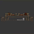 Wooden Dining Table With Pizza Cups Plates Clay Pots Bench And Stools