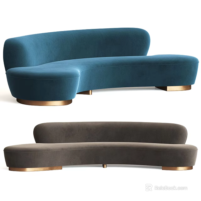Modern Curved Teal and Brown Sectional Sofas with Golden Base Design 3d model