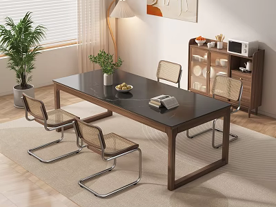 Modern Dining Table Set With Wooden Top Metal Frame Chairs And Potted Plant Decor 3d model