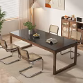 Modern Dining Table Set With Wooden Top Metal Frame Chairs And Potted Plant Decor