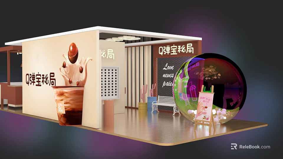 Qitan Secret Bureau Beverage Booth With Bubble Tea Cup Love Across Flavors And Colorful Sphere 3d model 