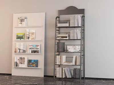 Modern White And Dark Multi Tiered Bookcases With Books And Magazines On Shelves 3d model