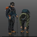 Two Men In Outdoor Gear With Backpacks Standing And Bending To Tie Shoelaces