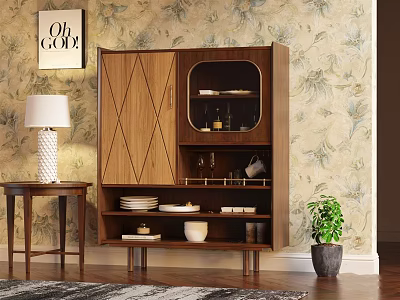 Walnut Sideboard with Geometric Doors and Glass Display and Storage Shelves in Floral Wallpaper Interior 3d model