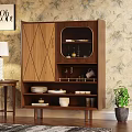 Walnut Sideboard with Geometric Doors and Glass Display and Storage Shelves in Floral Wallpaper Interior
