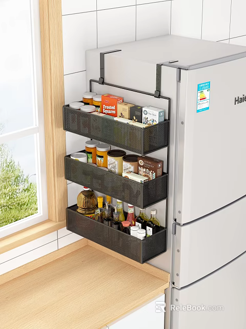 Organized Spice Bottles In Multi Layer Mesh Basket On Refrigerator Side For Kitchen Storage 3d model 