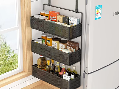 Organized Spice Bottles In Multi Layer Mesh Basket On Refrigerator Side For Kitchen Storage 3d model