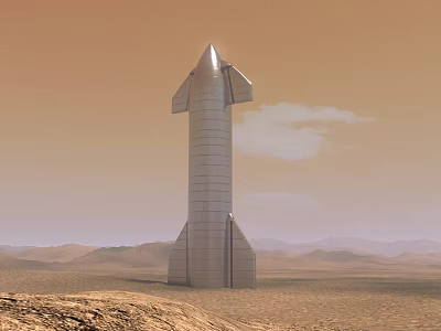 Silver Rocket Standing On Mars Desert Landscape With Mountain Range And Sky 3d model