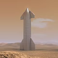 Silver Rocket Standing On Mars Desert Landscape With Mountain Range And Sky