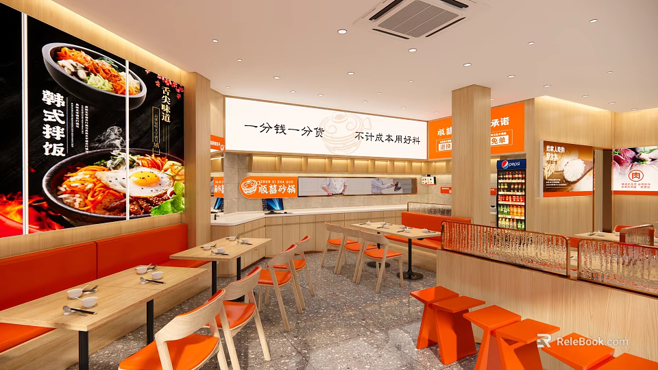 Casual Dining Restaurant Interior With Orange Seats Wooden Tables And Menu 3d model 