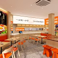 Casual Dining Restaurant Interior With Orange Seats Wooden Tables And Menu