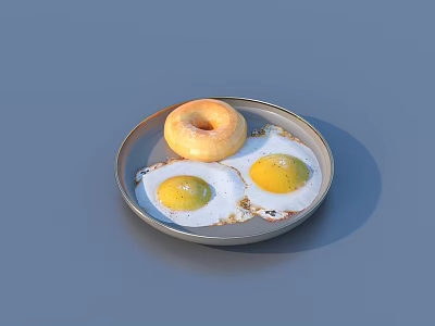 Delicious Donut and Two Fried Eggs on Silver Plate for Breakfast 3d model