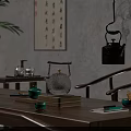 Traditional Chinese Wooden Tea Table and Chairs with Teapot Cups and Calligraphy Decoration