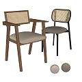 Wooden And Black Metal Frame Dining Chairs With Woven Backrest And Light Colored Seat Cushion