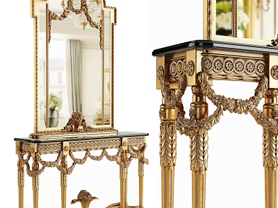 Elegant Console Table with Golden Carved Details Decorative Mirror Top and Intricate Leg Design 3d model
