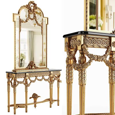 Elegant Console Table with Golden Carved Details Decorative Mirror Top and Intricate Leg Design 3d model