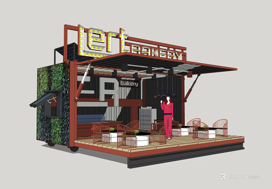 Industrial Equipment For Mobile Bakery Kiosk With Green Plant Wall And Wooden Floor 3d model 
