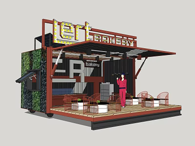 Industrial Equipment For Mobile Bakery Kiosk With Green Plant Wall And Wooden Floor 3d model