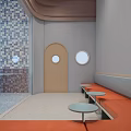 Indoor Swimming Pool Interior With Blue White Tiled Walls And Ceiling Spherical Decorations