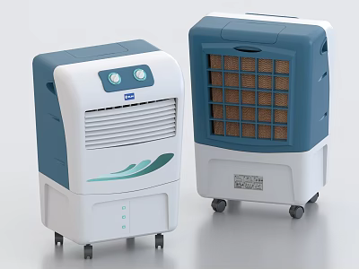 Two Portable Evaporative Air Coolers with Blue and White Design and Wheels for Home Use 3d model