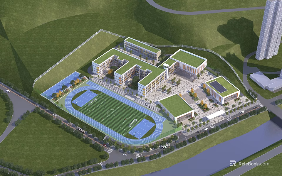 Modern School Buildings With Green Roofs Football Field Running Track And Playground 3d model 