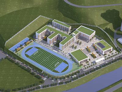 Modern School Buildings With Green Roofs Football Field Running Track And Playground 3d model
