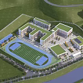 Modern School Buildings With Green Roofs Football Field Running Track And Playground