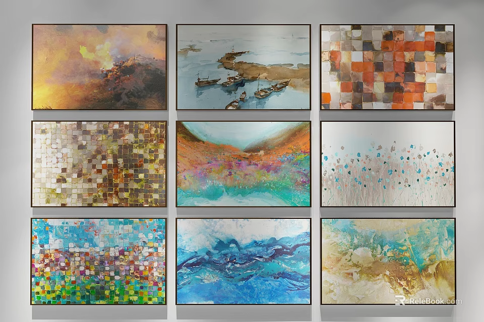 Various Abstract Paintings In Different Styles For Wall Art 3d model