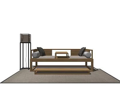 Modern Arhat Bed Design With Wooden Frame Light Brown Cushions And Floor Lamp On Rug 3d model