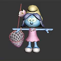 Blue Skinned Smurf Character Wearing Pink Dress Yellow Hat With Pink Flower And Butterfly Net