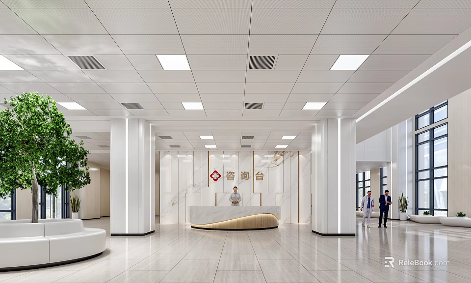 Hospital Outpatient Clinic Lobby With Bright Lighting Reception Desk White Pillars And Green Plants 3d model 