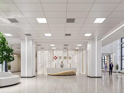 Hospital Outpatient Clinic Lobby With Bright Lighting Reception Desk White Pillars And Green Plants 3d model