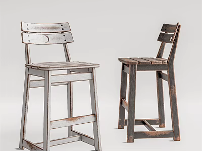 Vintage Wooden Bar Stools With Light And Dark Finish And Simple Backrest Design 3d model