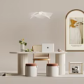 French Cream Style Office Desk Chair Combination Books Computer Chandelier 3d model